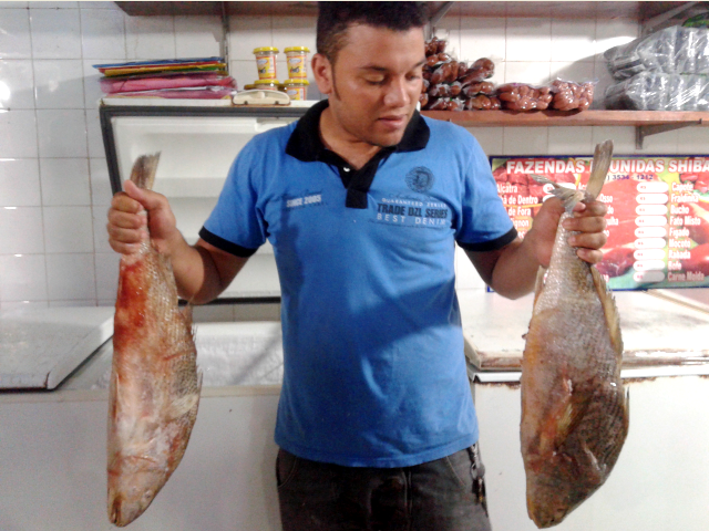 Vendedor Valdeir expõe o bacalhau no Mercado Municipal de Jaguaquara  