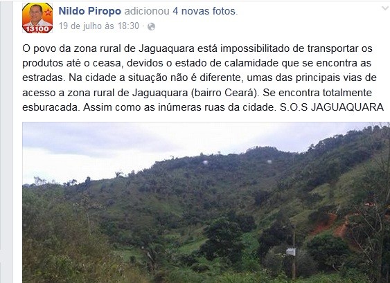 Postagem do vereador Nildo Pirôpo, em sua página no Face