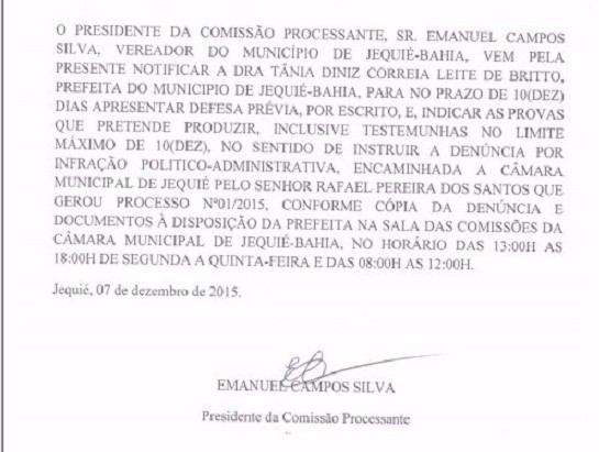 Notificação contra a prefeita foi publicada no Diário