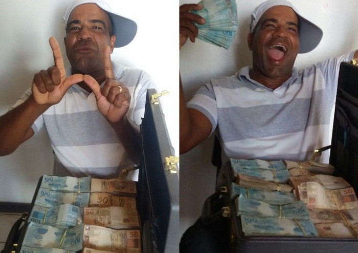 Roberto Sales rindo à toa com mala de dinheiro. Foto: WhatsApp